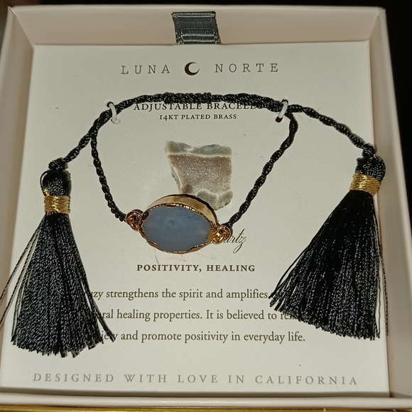 LUNA NORTE BLACK DRUSY QUARTZ GEMSTONE TASSELS ADJUSTABLE STRING BRACELET  NIB - Picture 7 of 11